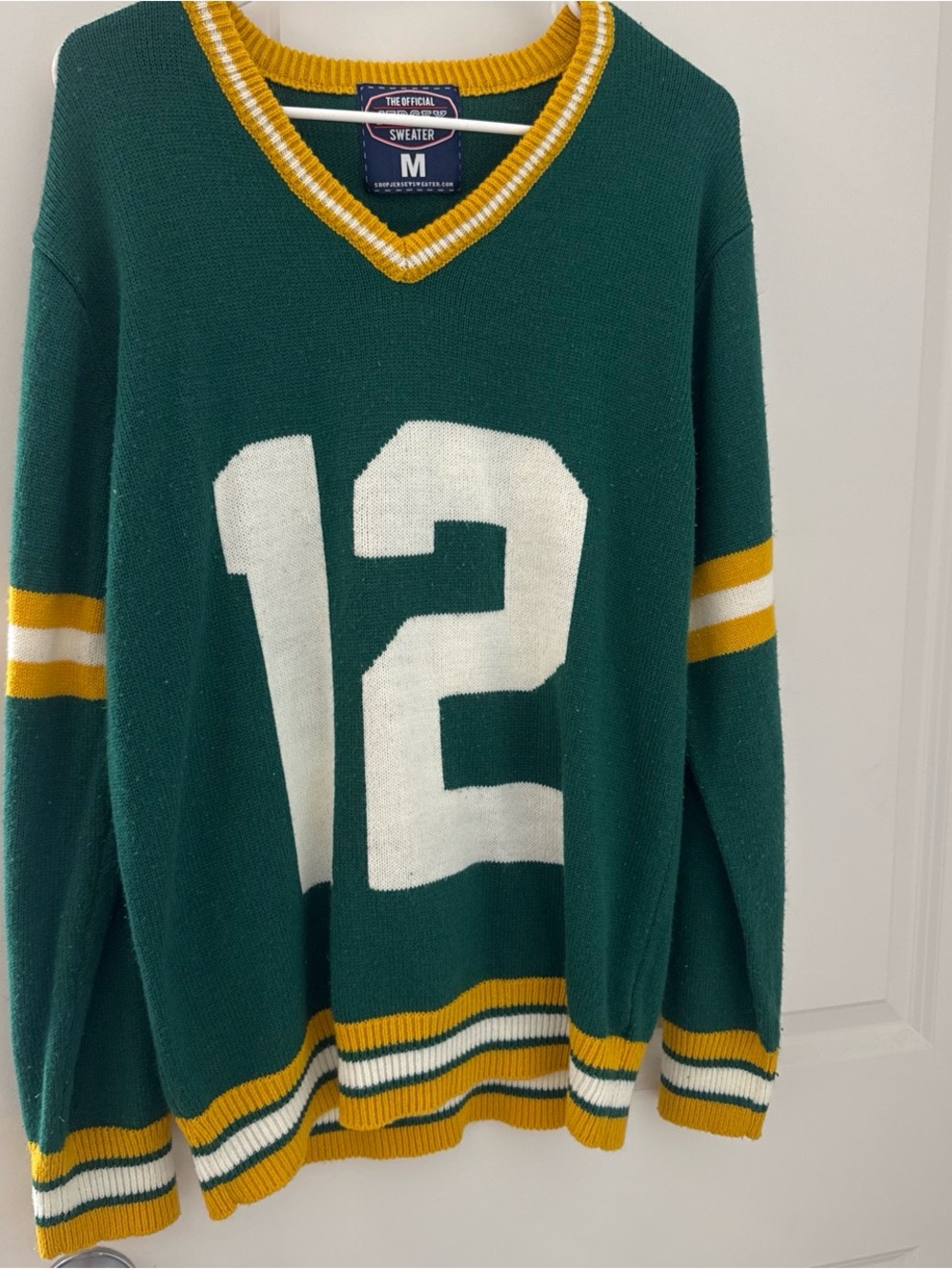 Green Bay Aaron Rodgers '12' V-neck jersey Sweater with Yellow & White Stripes